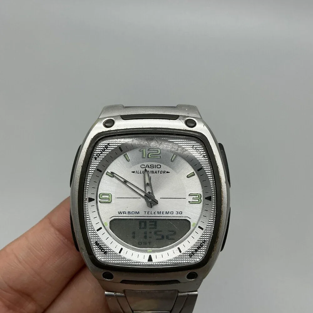 Casio 2747 AW-81 Telememo 30 Mens Watch 39mm Silver Dial Stainless Bracelet 7.5